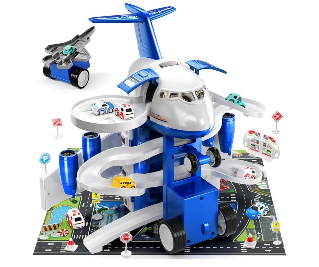 Kids Airplane Toy Racing Tracks for 3 4 5 6 7 Boys  Transport Airplane Vehicle with 8 Cars, Garage Parking Lot, Playmat, Toddler Boy Toy, Birthday Gifts for Boys Girls 35
