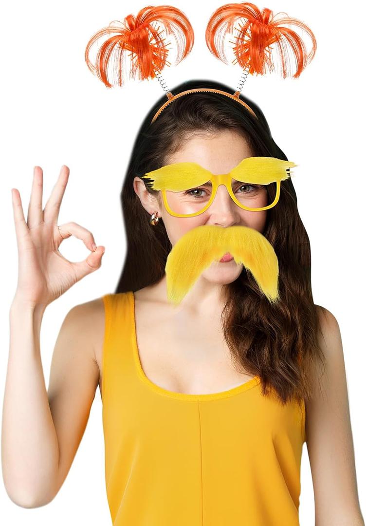 JenPen Yellow Mustache and Eyebrows Glasses Halloween Costume Accessories Fake Beard Orange Feather Pom Headband for Adult