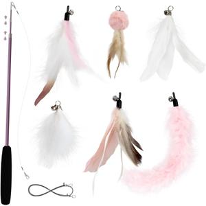 SONGWAY Interactive Cat Feather Toy Set - Retractable Teaser Wand with 6 Pcs Feather Refills with Bell, Cat Wand Toys for Indoor Cats Kittens Play Chase Exercise, Light Pink