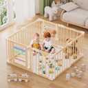 Atoping Wooden Baby Playpen 50 × 50 Inches, Foldable Playpen Fence with Cute Digital Blocks & Storage Bag, Wooden Baby Gate, Multi-Shape Play Yard for Babies and Toddlers Indoor Outdoor