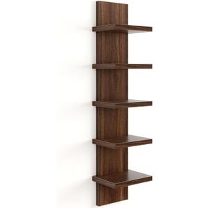 Fun Memories 5 Tier Wall Shelf Unit, Decorative Wall Mount Vertical Shelving, Floating Storage Home Decor Organizer Tall Tower Design Utility Shelving Bedroom Living Room, Walnut