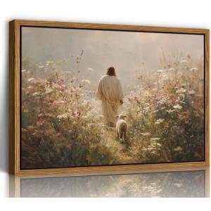 Jesus Leaves the 99 Sheep Wall Art Framed, Christian Canvas Wall Decor Picture Jesus and Lamb Painting The Lost Sheep Artwork for Living Room Bedroom Church Prayer Home Decoration(16x24in)
