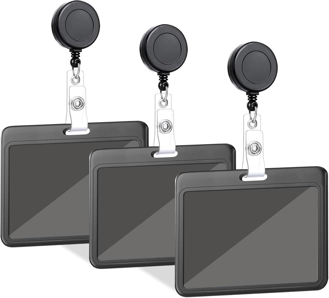 3 Set Badge Holder with Retractable Reel, ID Badge Holders with Retractable Clip for Office Family Nurse Teacher Student (Black Hard Horizontal)