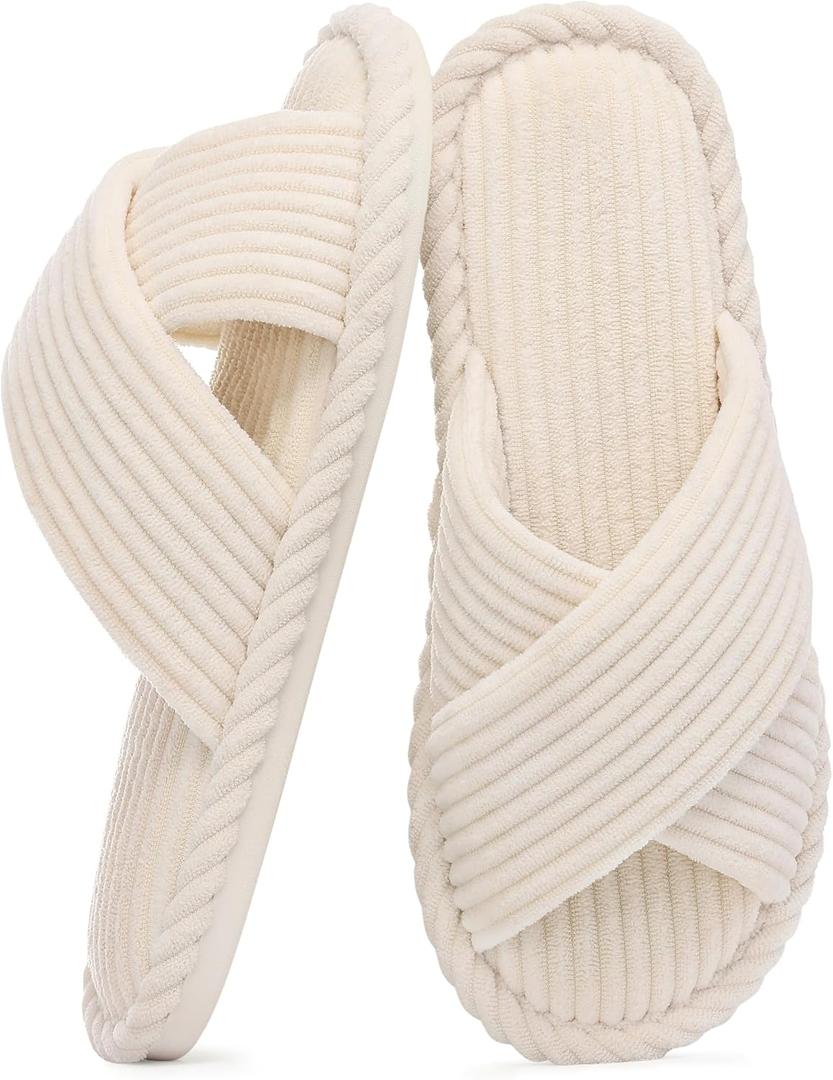 Evshine House Slippers for Women Memory Foam Bedroom Slippers Corduroy Open Toe Slides Shoes Indoor and Outdoor, 270MM