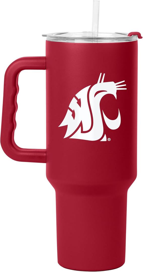 Logo Brands NCAA 40 oz Tumbler with Handle -Stainless Steel Insulated Travel Tumbler with Straw Lid  Powder Coated, Leak-Resistant, Keeps Drinks Hot/Cold  Great for Tailgating, or Everyday Use (Washington State Cougars)