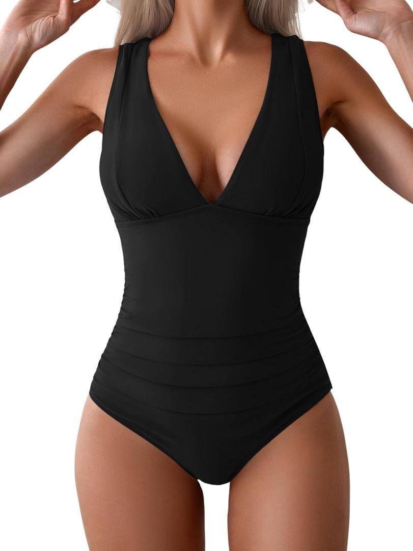 Eomenie One Piece Swimsuit for Women Tummy Control Plunge V Neck Bathing Suit Slimming Wide Straps Swimwear (Large, Black)