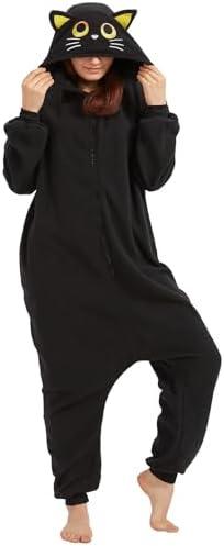 AMAMHAHAVA Cozy Black Cat Onesie Pajamas for Adults Halloween Costume One-Piece Cosplay Christmas Sleepwear.M
