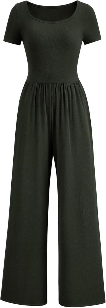 PRETTYGARDEN Women's Summer One Piece Jumpsuits Dressy Casual Short Sleeve Square Neck Wide Leg Jumpsuit Rompers (Large, Dark Army Green)