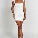 Women's Sexy Summer Sleeveless Tie Waist Back Square Neck Backless Slit Hem Ruched Bodycon Mini Tank Dress (White, L)