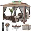 COBIZI 12x12 Pop Up Gazebos On Clearance - Upgrade Easy Up Metal Outdoor Gazebo Waterproof - Portable Gazebo with Mosquito Nettings, 4 Ropes 8 Stakes and Carry Bag for Patio Garden(Coffee), 12x12 Double Roof