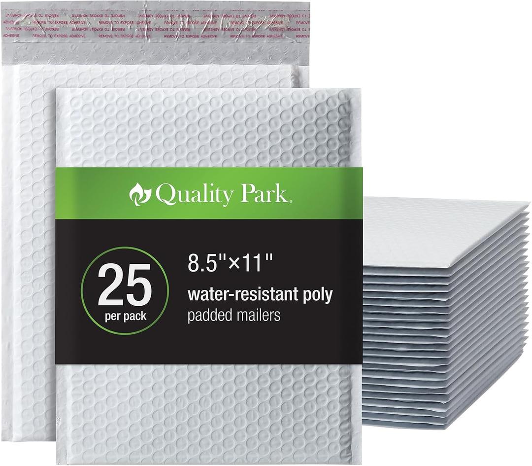 Quality Park Bubble Mailers, 8.25 x 11 Shipping Envelopes, Water Resistant White Poly Padded Envelopes, Redi-Strip Peel Off Closure, 25/Box (QUA85859) (One Size)