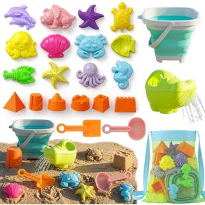 TOY Life 23 Pcs Ocean Beach Toys for Kids Ages 4-8 Collapsible Sand Toys with Watering Can, Silicone Bucket, Sand Castle Building Kit, Mesh Bag Ocean Animal Molds Travel Sandbox Toy for Summer Play