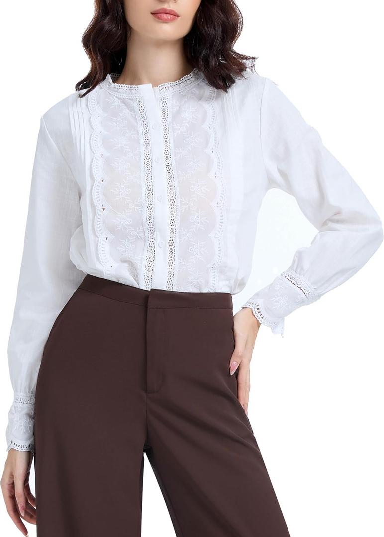 Womens Dressy Casual Lace Blouse Cotton Long Sleeve Button Up Shirts Tops (X-Small, White Collarless Standard)