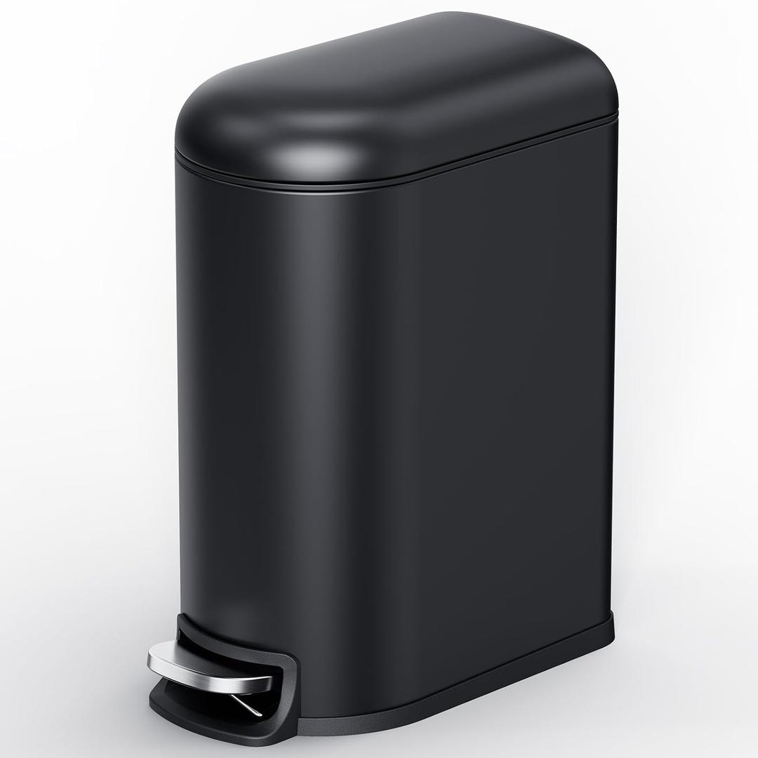 CEROELDA Small Bathroom Trash Can with Lid Soft Close, 5L/1.3 Gallon Stainless Steel Slim Garbage Can, Metal Waste Basket with Step Pedal, for Office, Bedroom, Toilet, Dorm Room (Black, 1.3 Gallon)