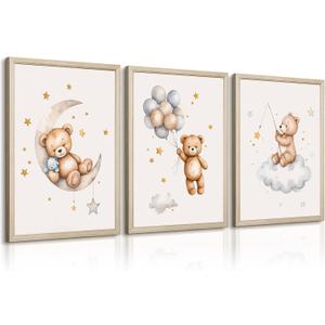 Teddy Bear Nursery Wall Art Decor Baby Boy Girl Room Poster Vintage Nursery Canvas Wall Decor Toddler Kids Room Pictures Cute Bear Neutral Artwork for Bedroom Playroom 12x16 Framed Set of 3