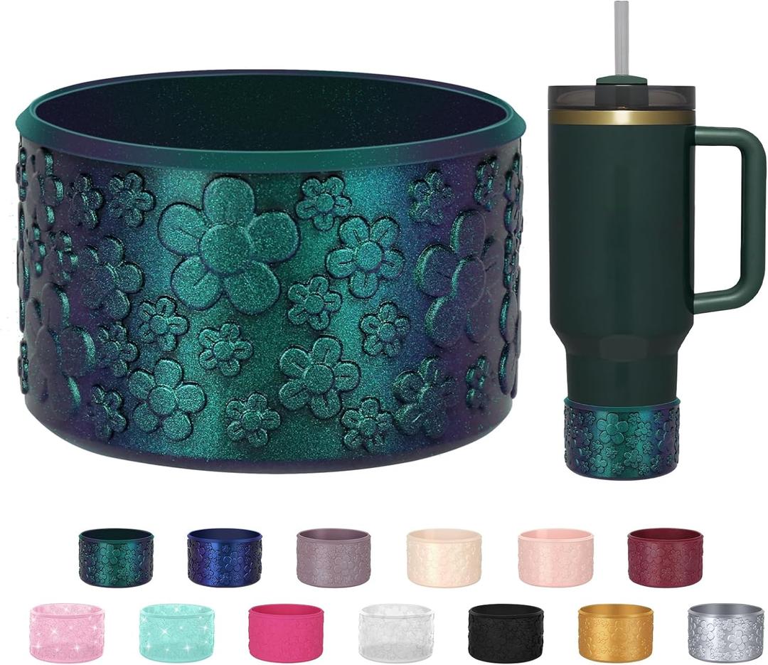 Flower Gradient Silicone Boot, Compatible with Stanley Quencher Adventure 40oz 30oz & IceFlow 20oz 30oz Tumbler, Protective Chameleon Cup Sleeve, Bottom Cover for Hydroflask 12oz-24oz Bottle (Jungle Green)