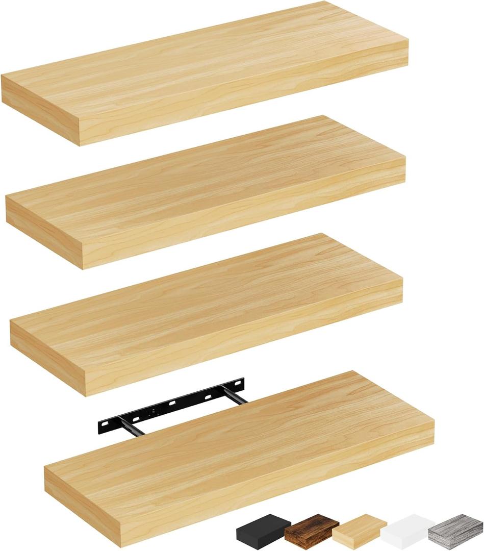 Bellsal Floating Shelves for Wall, Maple Wood Wall Shelf Set of 4, 16" Wall Mounted Floating Shelf for Kitchen, Living Room, Bedroom, Bathroom Storage, Book Shelfs for Home Decor Frame Display (4 pcs: 15.7*5.7)