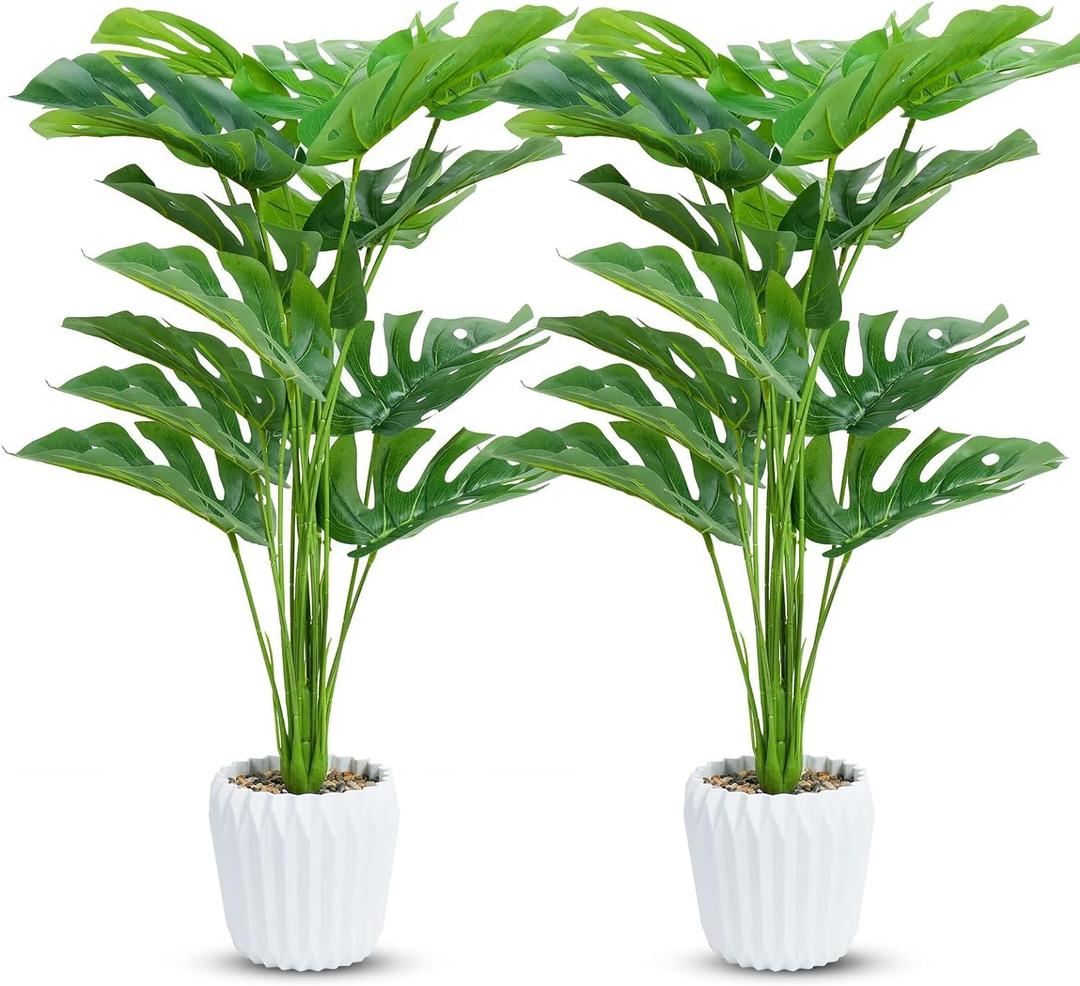 Set of 2 Fake Plants 28" Tall Artificial Monstera Deliciosa with 18 Leaves in White Pot for Home Office Decor
