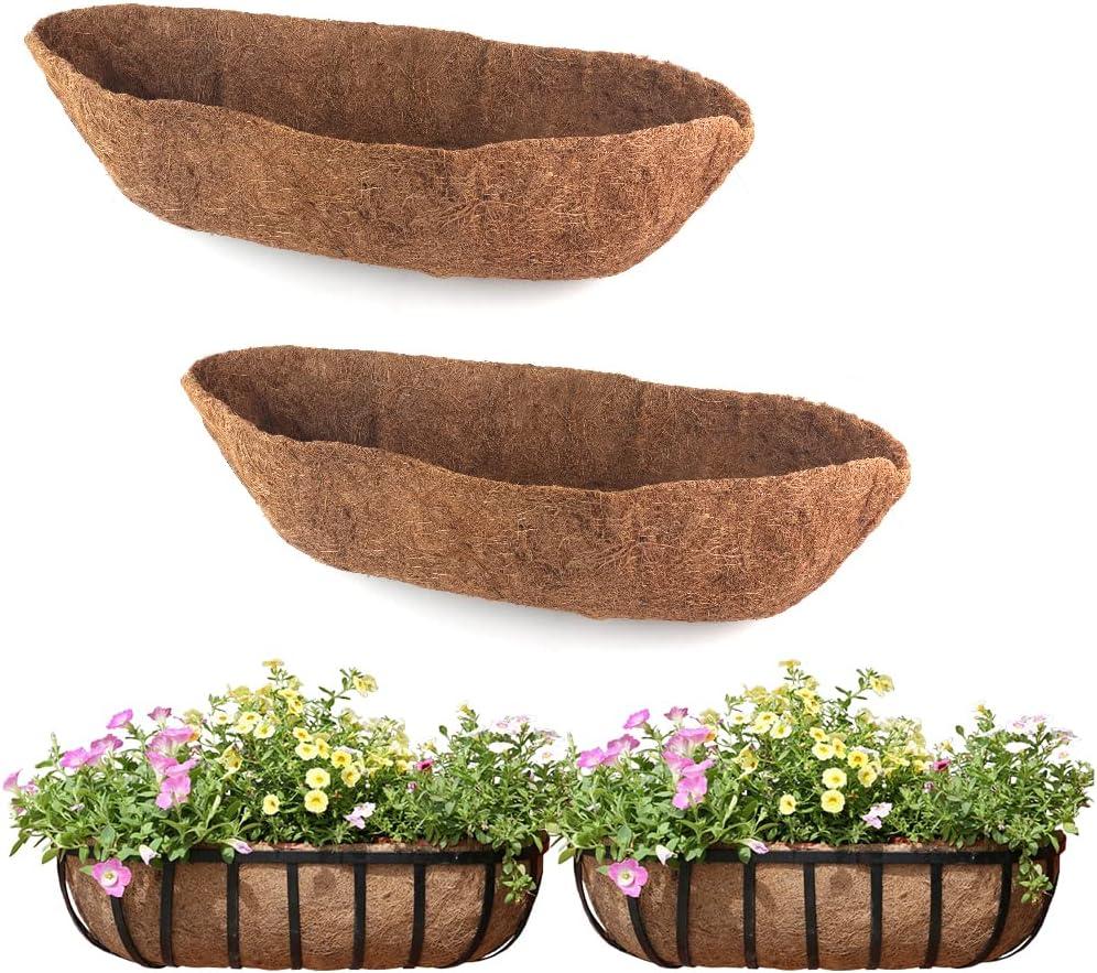 2 Pack Trough Coco Liner Fiber Replacement for Planters, 24/30/36/48 inch Half Moon Coconut Coir Planter for Window Box/Hanging Trough Planter, Garden Flower Vegetables Pot, Fence Flower Baskets (30 Inch)