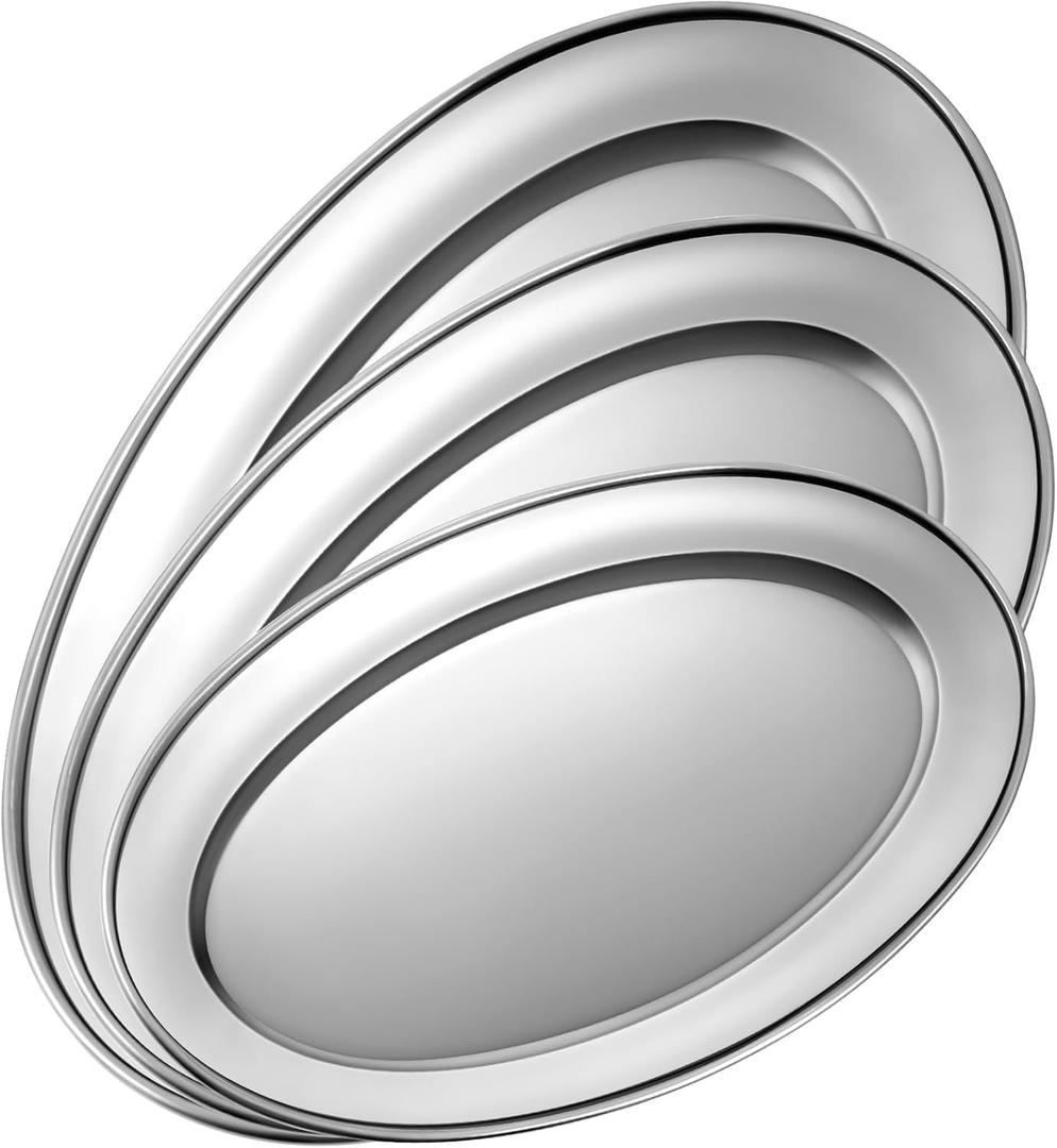 FoldTier 3 Pcs Stainless Steel Serving Tray Large Oval Platter Set, 11.8" 13.8" 15.7" Heavy Duty Metal Oval Serving Platter Mirror Polish Sizzle Plate for Fish Dessert Meat Sushi Birthday Wedding