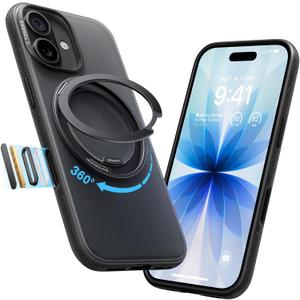 TORRAS 360 Magnetic Stand for iPhone 17 Case, [Rotatable Sturdy Kickstand][Fit for MagSafe][4X Mil-Grade Shockproof] Slim Translucent Phone Cover, Camera Button, Obsidian Black, Ostand O3 Fitness