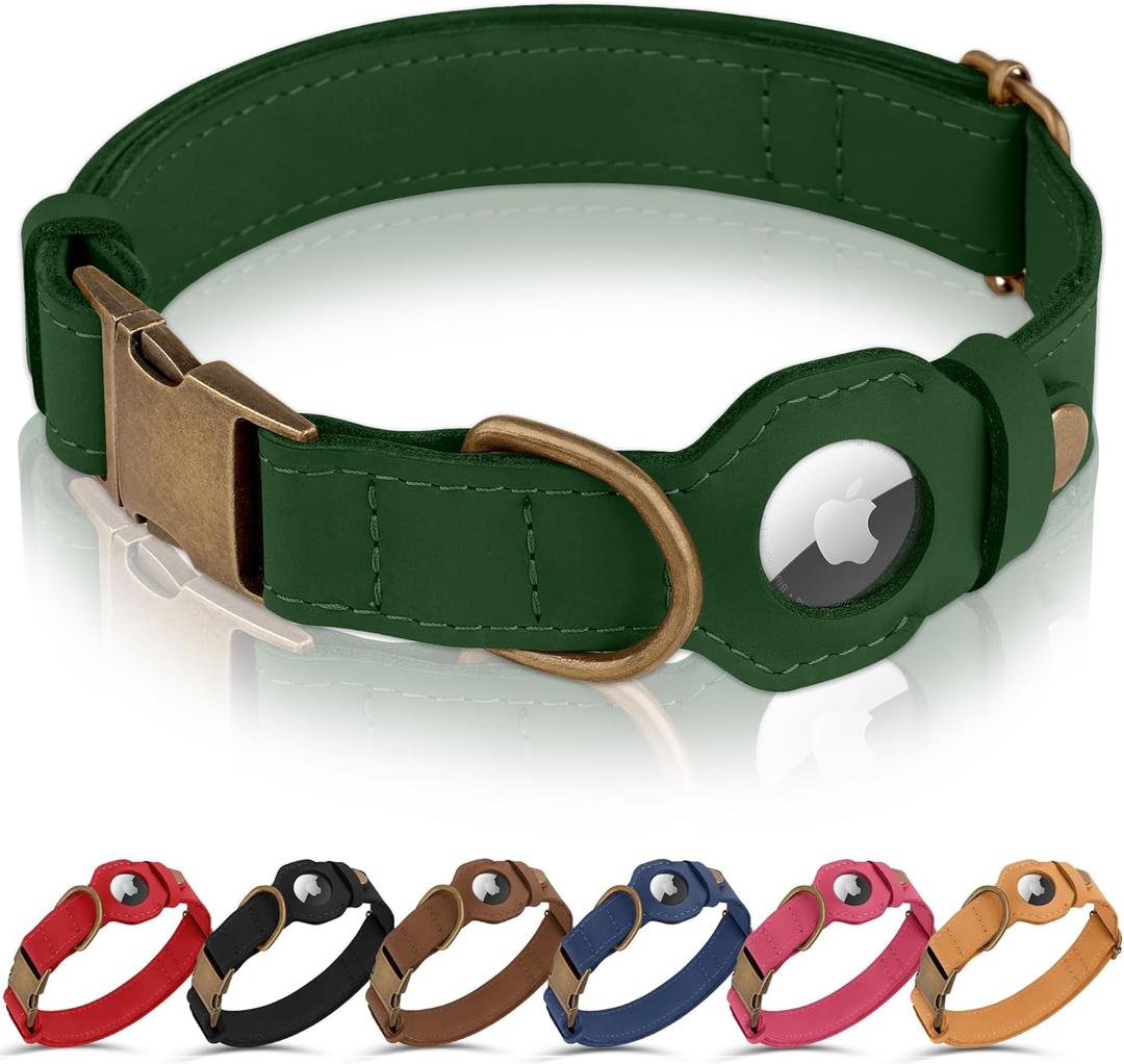 AirTag Dog Collar - Genuine Leather Dog Collar with Apple AirTag Holder and Metal Buckle - Smart GPS Tracking Pet Collars (Dark Green, M, 14"-18" Neck Fit)