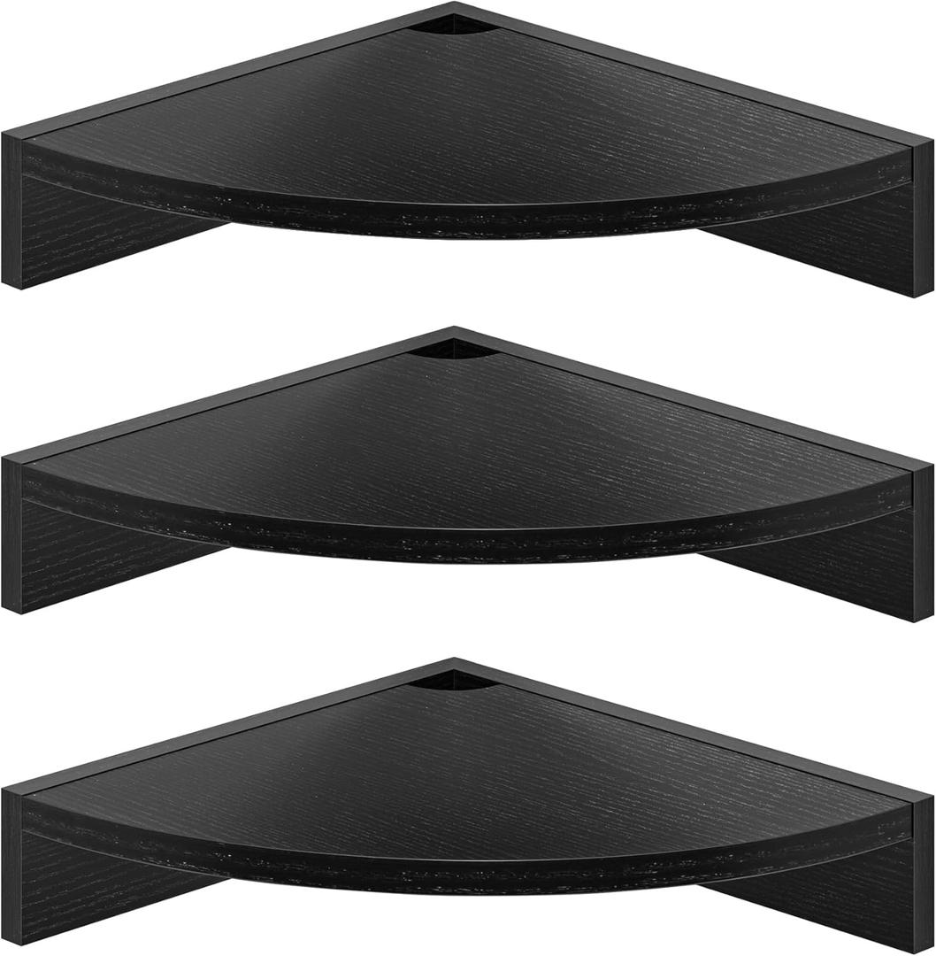 Fun Memories Corner Shelf Wall Mount, Wood Floating Corner Shelves, Corner Wall Shelf for Bedroom, Bathroom, Kitchen, Living Room (Black, 3 Pack) (11.5"W x 11.5"D)