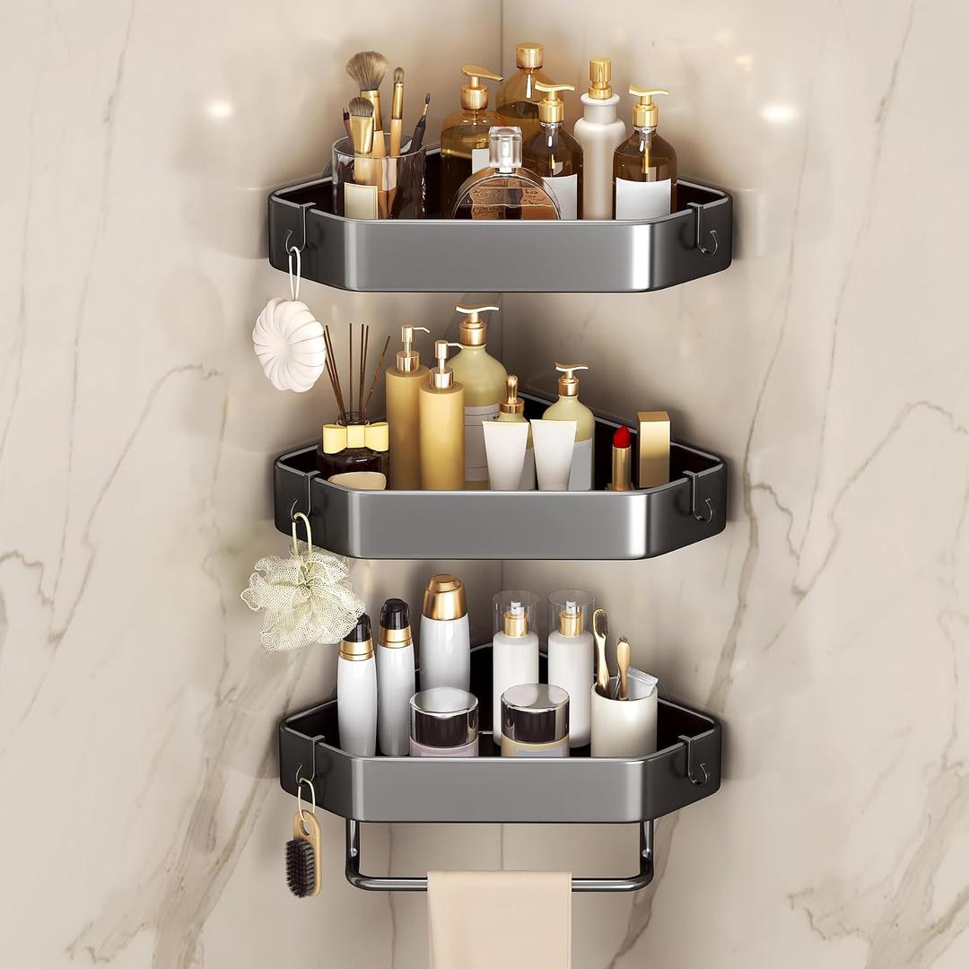 Shower Caddy Corner 3 Pcs, Adhesive&Drilling Shower Organizer, Rustproof Carbon Steel Shower Shelves With 6 Hooks And One Towel Bar, Bathroom Organizers And Storage Racks, For Family, Grey