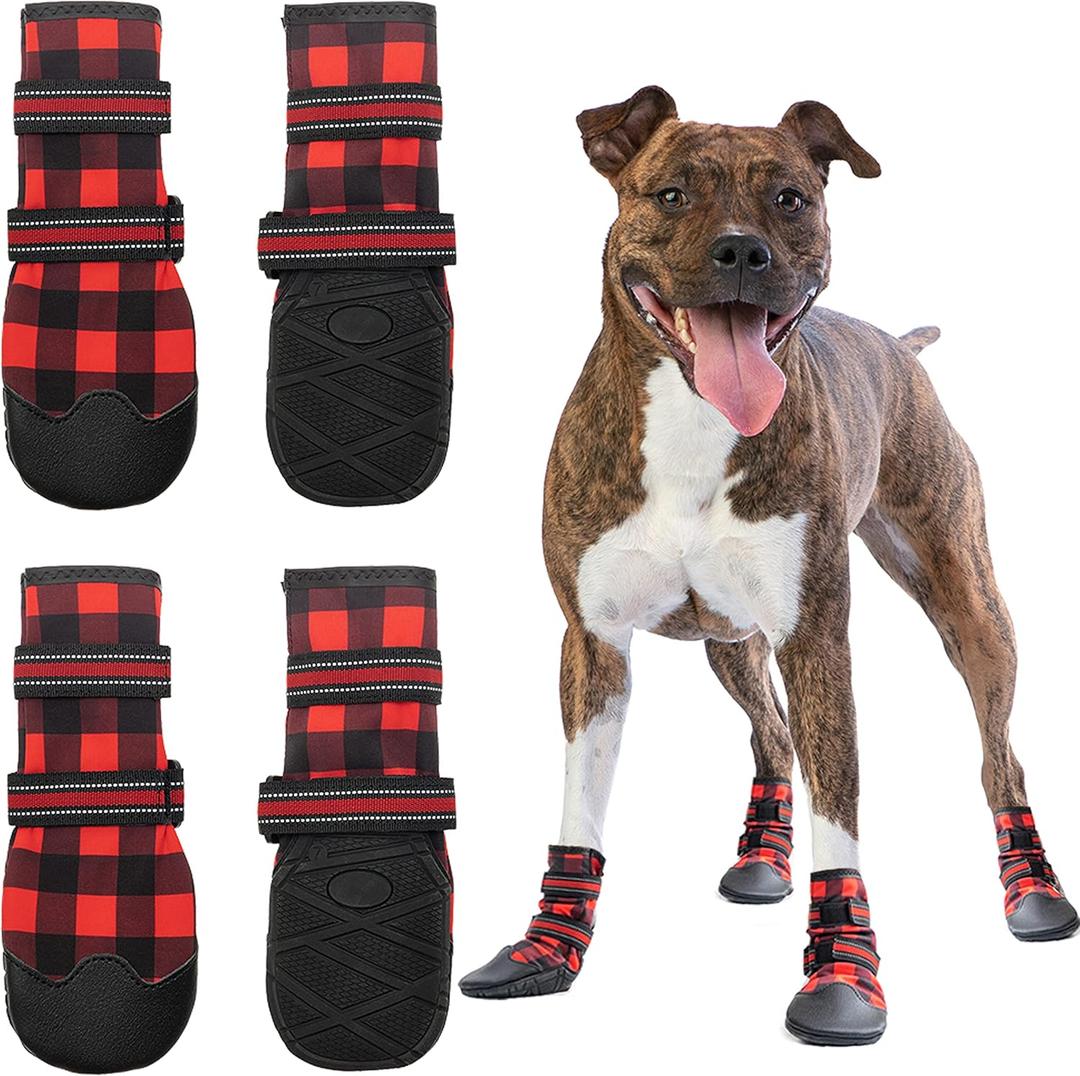 FLYSTAR Dog Shoes for Medium Large Dogs, Waterproof Anti-Slip Rain/Snow Winter Warm Outdoor Dog Boots, Adjustable Reflective Rubber Sole Paw Protector Dog Shoes for Running Hiking Walking,etc. (#6 ( paw width: 1.5" -2.3")