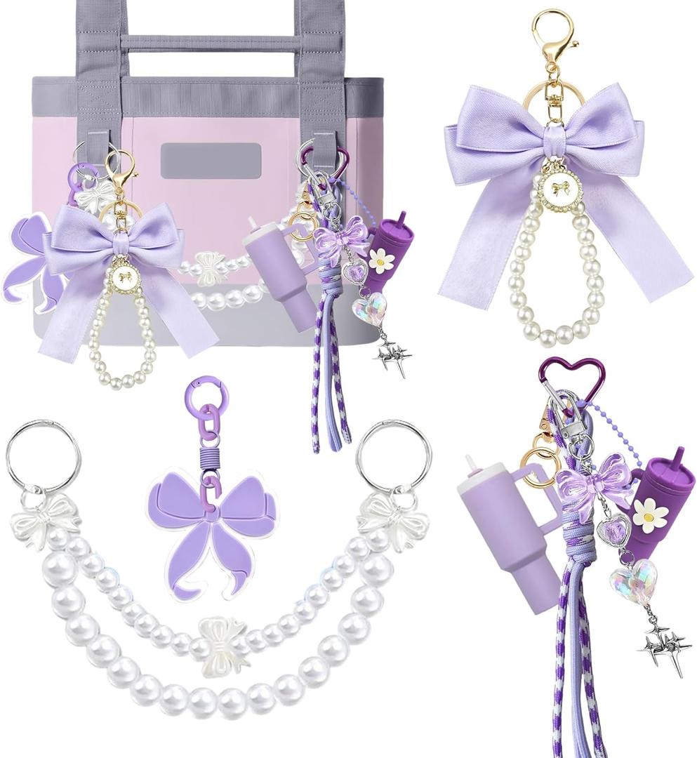 8PCS Tote Bag Decor Kit, Decorative Bow & Pom Pom Accessories, Compatible with YETI Camino 20/35/50 Carryall, Bogg Beach Tote Bags (Purple Plum)