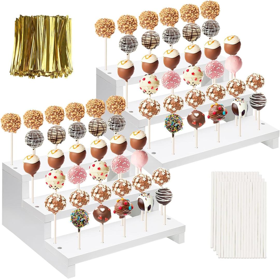 2Pcs Wood Cake Pop Display Stand, White Lollipop Holder 3 Tier with Twist Ties Lollipop Sticks, 33 Holes Sucker Storage Rack for Dessert Table of Wedding Birthday Party Christmas Day (B)