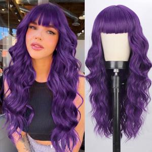 Lativ Purple Wavy Wig With Bangs for Women Curly Wavy Long Wigs Natural Looking Heat Resistant Synthetic Fiber for Party Cosplay Daily Use 26 Inches