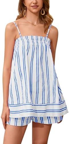 calbatic Women 2 Piece Lounge Set Striped Summer Pajama Set Sleeveless Peplum Cami Top and Wide Leg Shorts Set Beachwear, Medium 