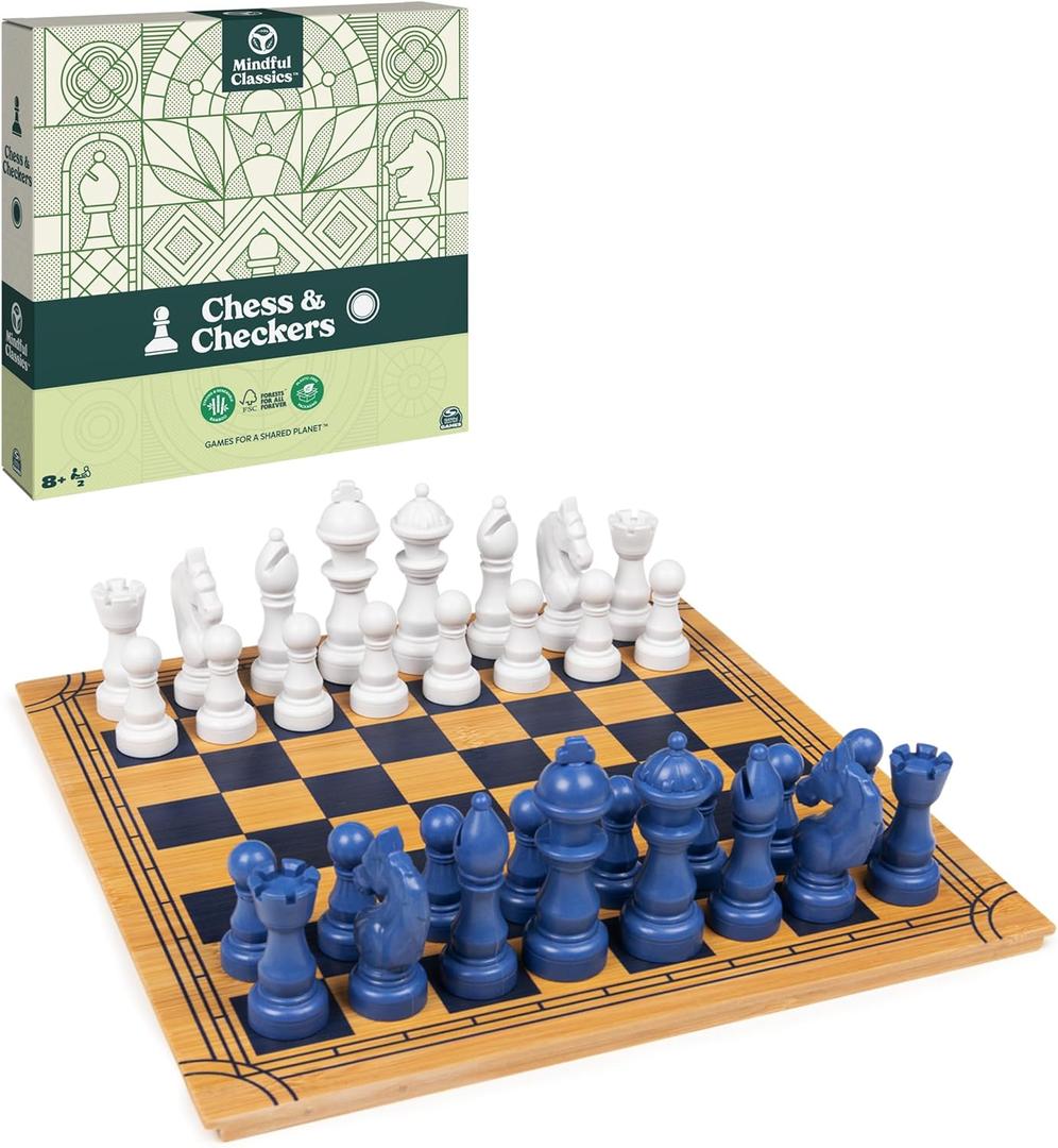 Mindful Classics, Chess Checkers Board Game Set with Bamboo Wooden Box Family Board Games Eco-Friendly Gift, for Adults and Kids Ages 8 and up
