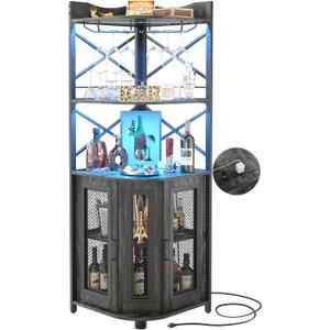 Aheaplus Corner Bar Cabinet with Power Outlet, Industrial Wine Cabinet with LED Strip and Glass Holder, 5-Tiers Liquor Cabinet Bar Unit for Home, Corner Display Cabinet for Small Space, Grey Oak