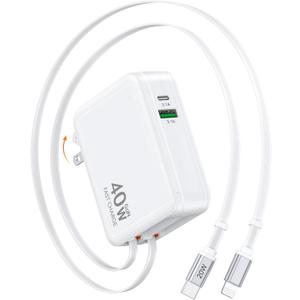 Retractable USB Charger Wall Plug with USB C & Apple Cable,40W Fast Charging Foldable Block Multi Charger,4-in-1 Travel Essentials Brick Multiport for iPhone 17/16/15/14/13,iPad,Galaxy,LG,Pixel