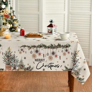 Horaldaily Christmas Tablecloth 5270 Inch Rectangular, Christmas Trees Ball Ornaments Washable Table Cover for Party Picnic Dinner Decor (Beige)