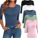 Huukeay 5 Pack Women's Elbow Sleeve Tops 3/4 Sleeve Cotton Round Neck T-Shirt Slim Fit Casual Stretchy Tunic Basic Tees Bulk (Medium, Pink, Green, Haze Blue, White, Black)