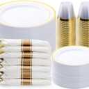 BESTVIP 350PCS Gold Plastic Dinnerware Set, Disposable Party Plates for 50 Guests, Include: 100 Plastic Plates, 50 Pre Rolled Napkins with Gold Silverware, 50 Cups