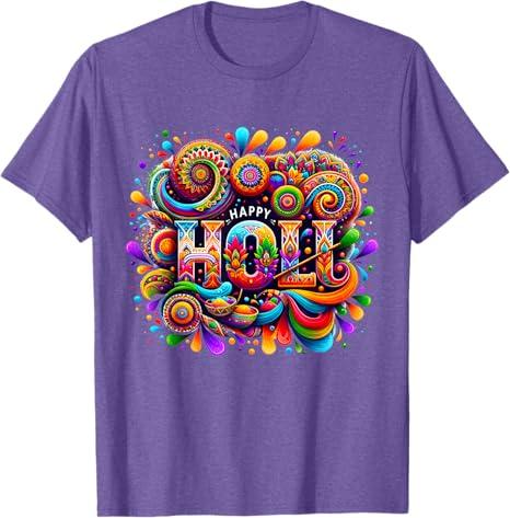 Happy Holi Festival Outfit For Women Kids Men Family T-Shirt, (Large, Purple Heather)