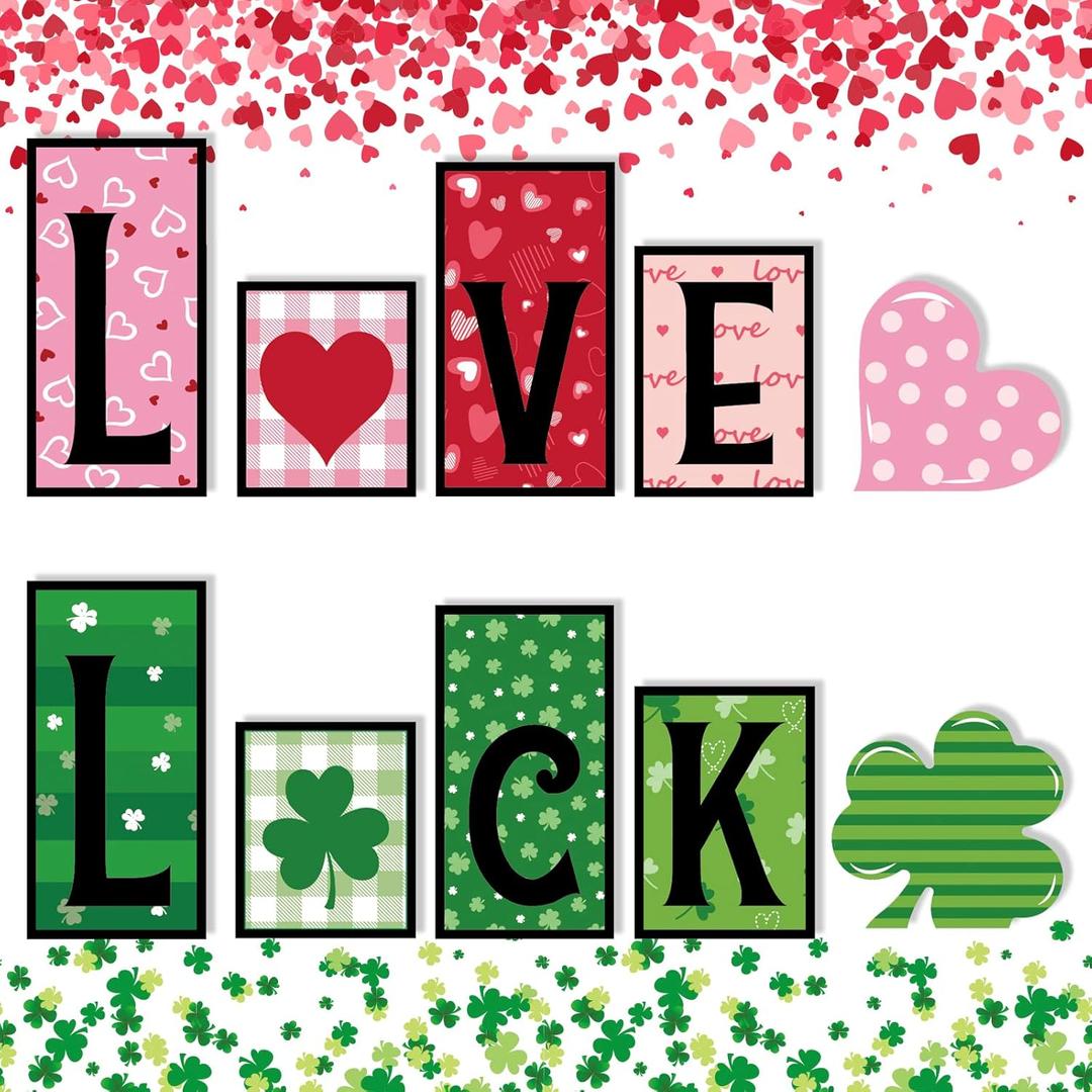 6 Pcs Valentines Day and Reversible St Patricks Day Wood Signs, Double Side Printed Free Standing Blocks, Heart Shamrocks Table Centerpiece Decor, Love Luck Farmhouse Sign for Tiered Tray Mantle