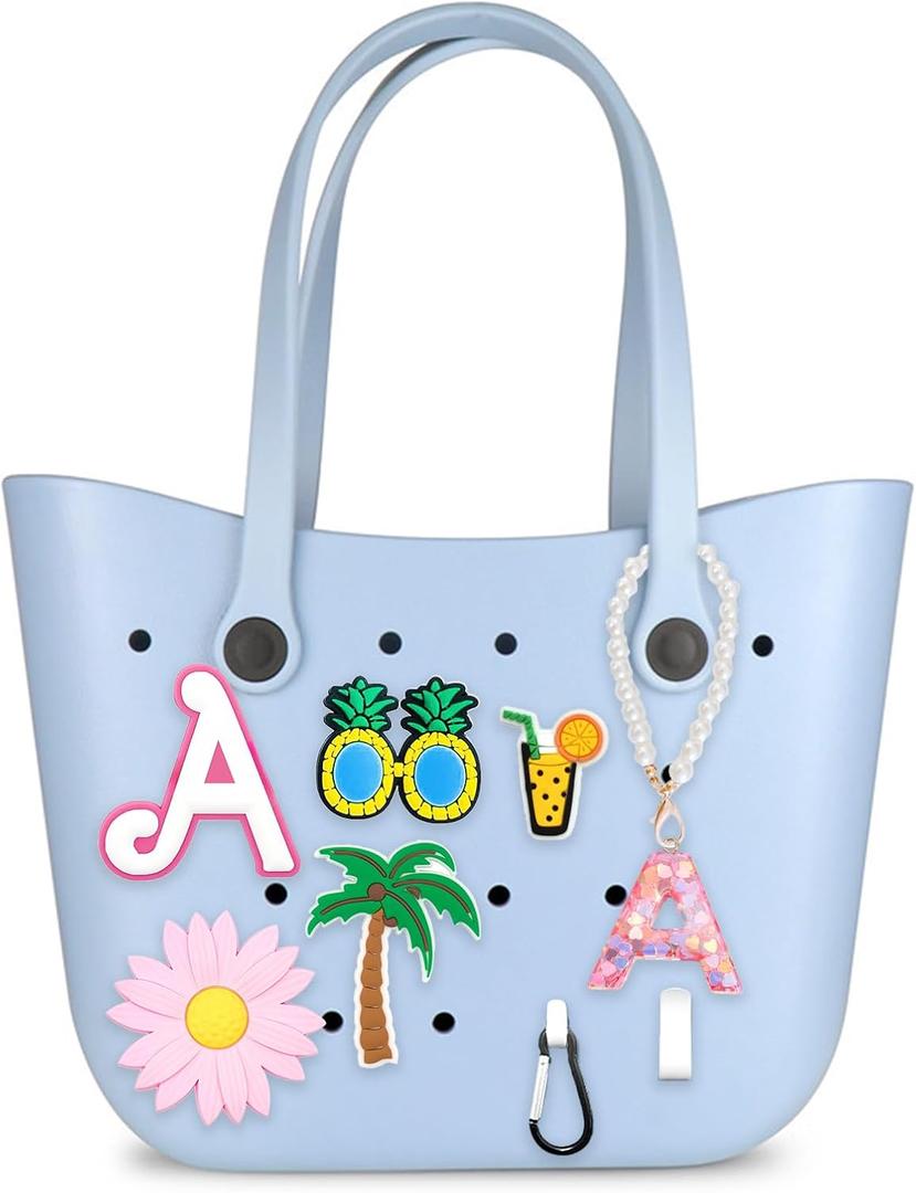 Bogg Bag Letter Charms 9Pcs - Waterproof Rubber Alphabet/Flower Decor, DIY Insert for Bogg Beach Totes (Women & Girls)