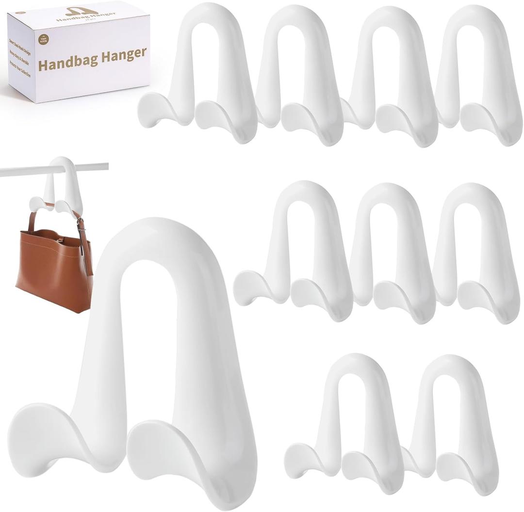 Handbag Hanger Purse Organizer Satchel Hanger Tote Hooks for Closet, Arc-Fit Curved Strap, Anti-Crease, Support Wide Slot 1.4 No-Install Dual Hook Design, Heavy Duty ABS(Bright White)