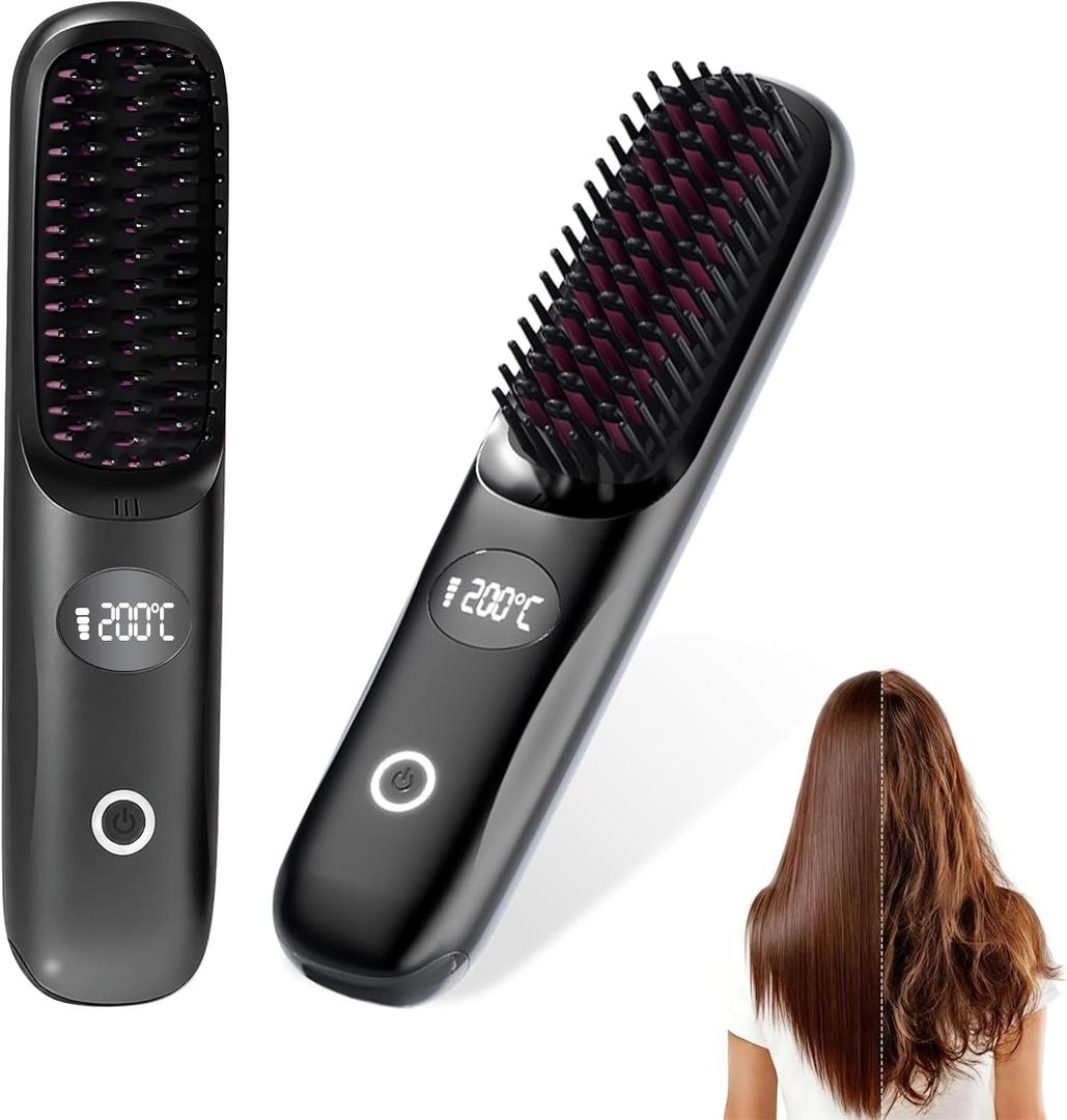 Go Brush Pro Portable Cordless Hair Straightener Brush for Travel, Fast Heating Straightening Comb with LCD Display & F/C Switch, Rechargeable Anti-Frizz Styling Tool for Smooth Shiny Hair (Black)
