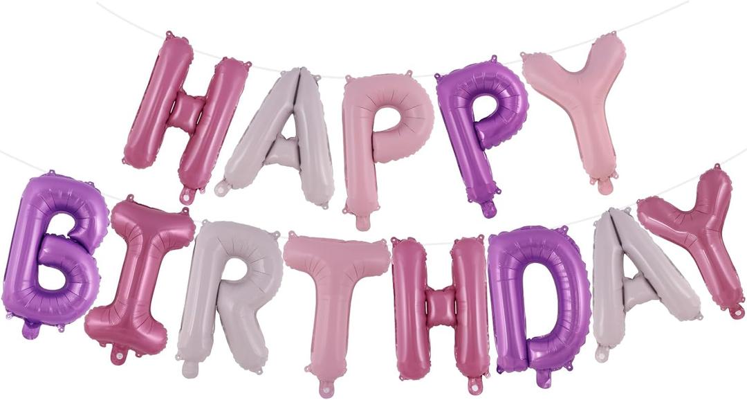 Happy Birthday Balloons Banner, Foil Balloon Personalized Name Letters Balloons Sign Birthday Party Decorations for Women Men Boys Girls Pink and Purple