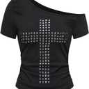 BEAUDRM Women's Y2k Cross Rivet T Shirt Grunge Punk Off The Shoulder Short Sleeve Going Out Tops Streetwear Medium