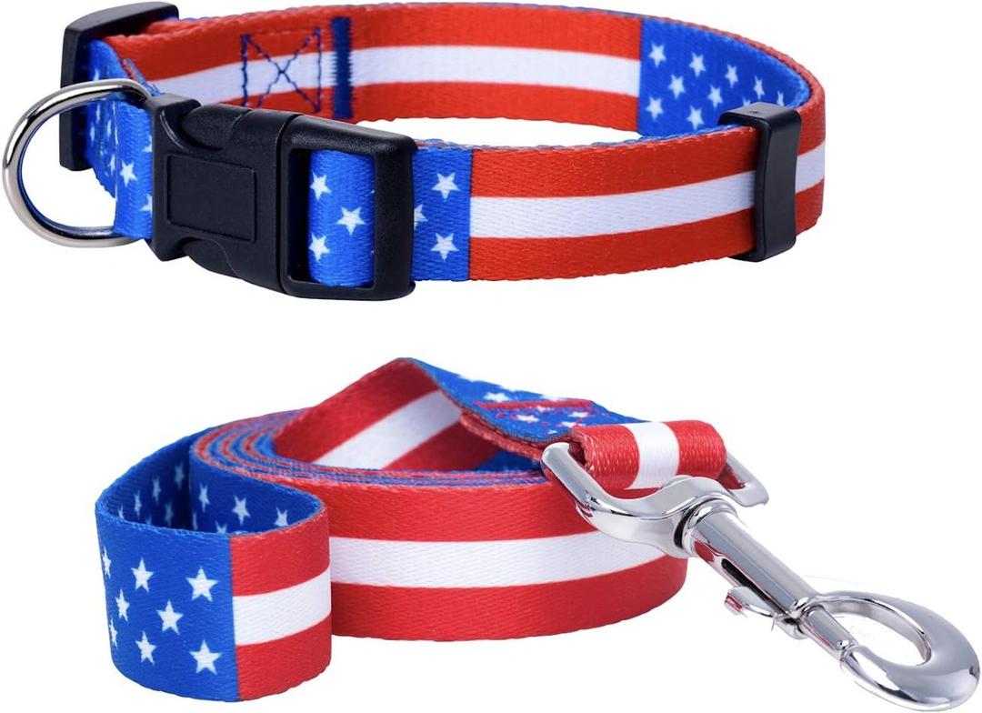 American Flag Dog Collar and Leash Set | Patriotic USA Matching Puppy Leash and Collars for 4th of July | Red White and Blue Designer Pattern for Male or Female (Medium)