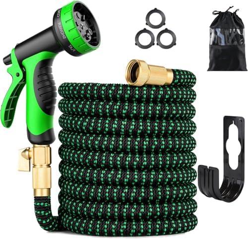 100 ft Expandable Garden Hose - Kink Free Flexible Water Hose with Thumb-Controlled 10-Function Nozzle, 3/4 Solid Brass Connectors, Retractable Latex Core - Lightweight Expanding Hose