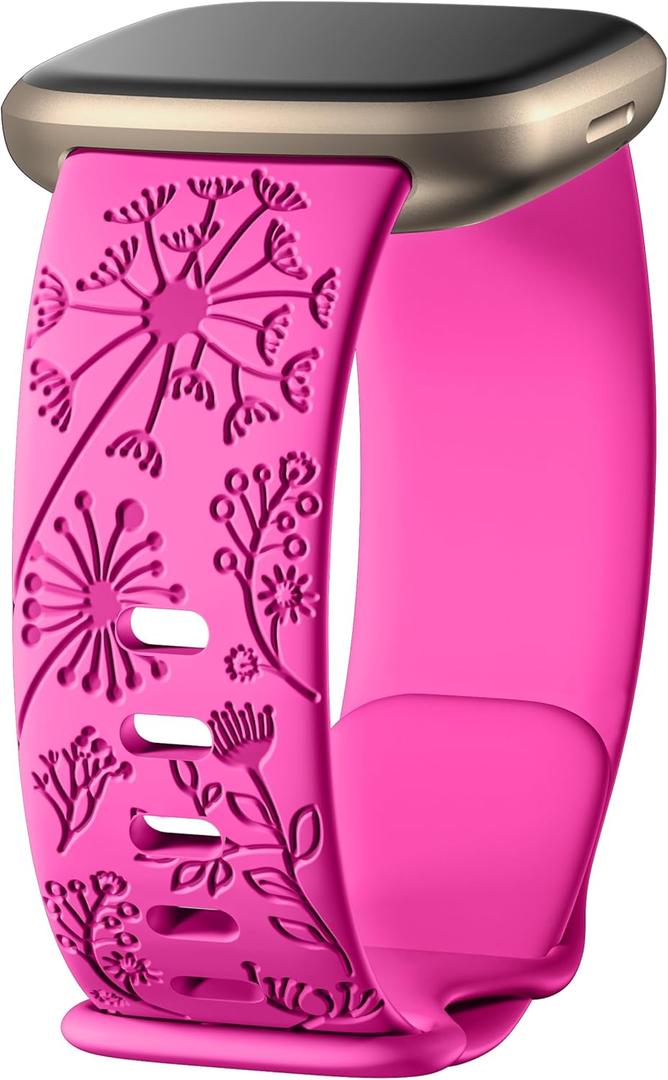 2 x Flower Engraved Bands Compatible with Fitbit Sense Bands/Versa 4/Versa 3/Sense 2 1 Band for Women,Cute Fancy Dandelion Floral Wristband Replacement Strap Compatible with Fitbit Versa 3 Bands (Large, Rosepink)