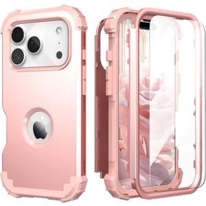 IDweel for iPhone 17 Pro Max Case with Screen Protector for Women, 3 in 1 Shockproof Slim Fit Hybrid Heavy Duty Hard PC Cover Soft Silicone Bumper Full Body Anti-Fingerprint Case, Rose Gold